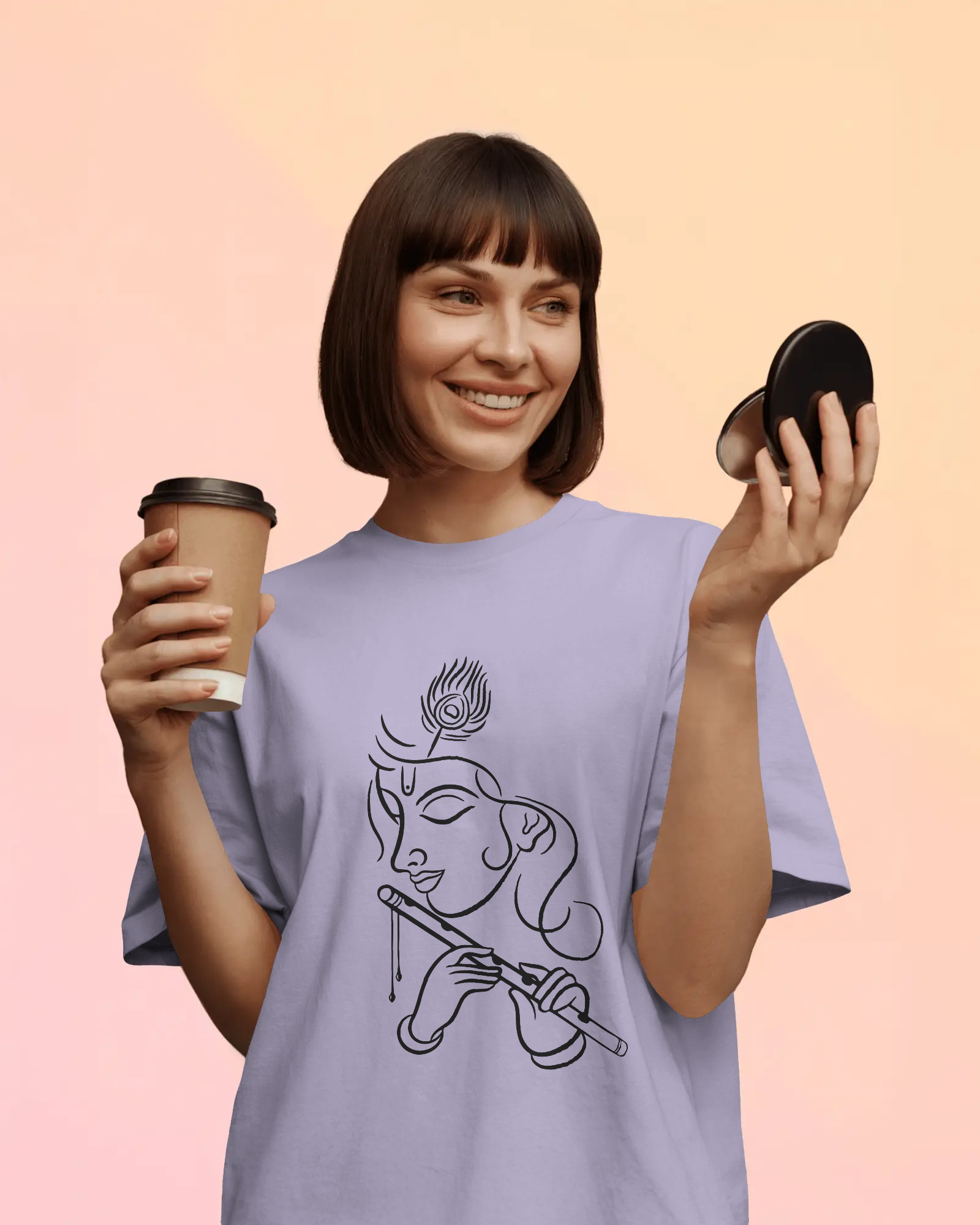 Krishna Line Art Premium Oversized T-Shirt Lavender