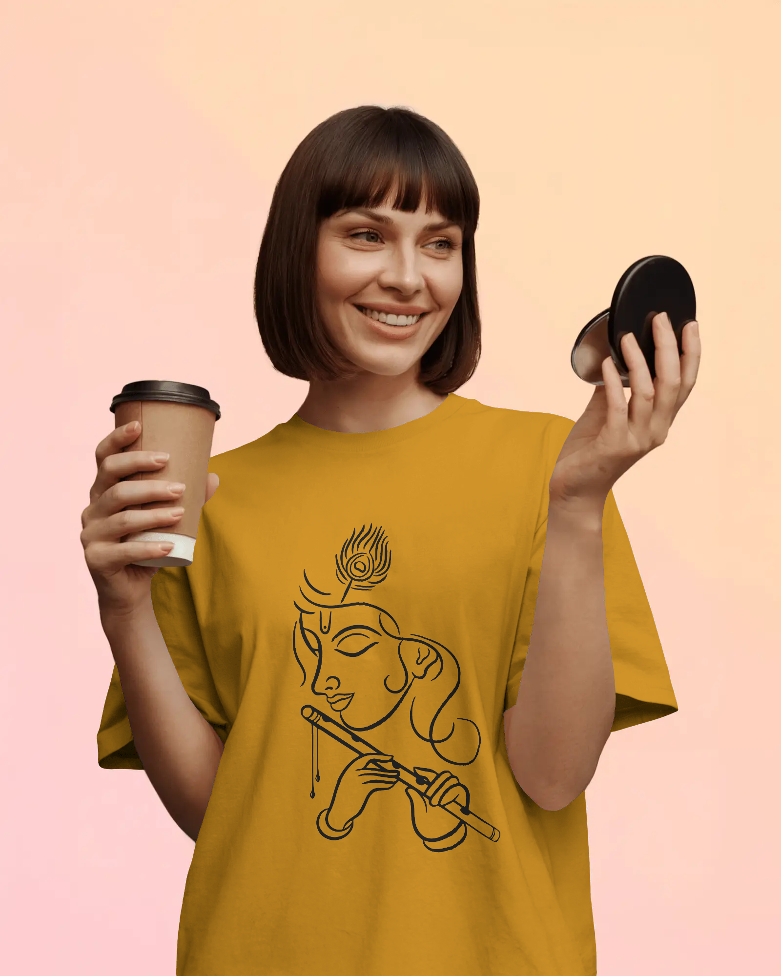 Krishna Line Art Premium Oversized T-Shirt Golden Yellow