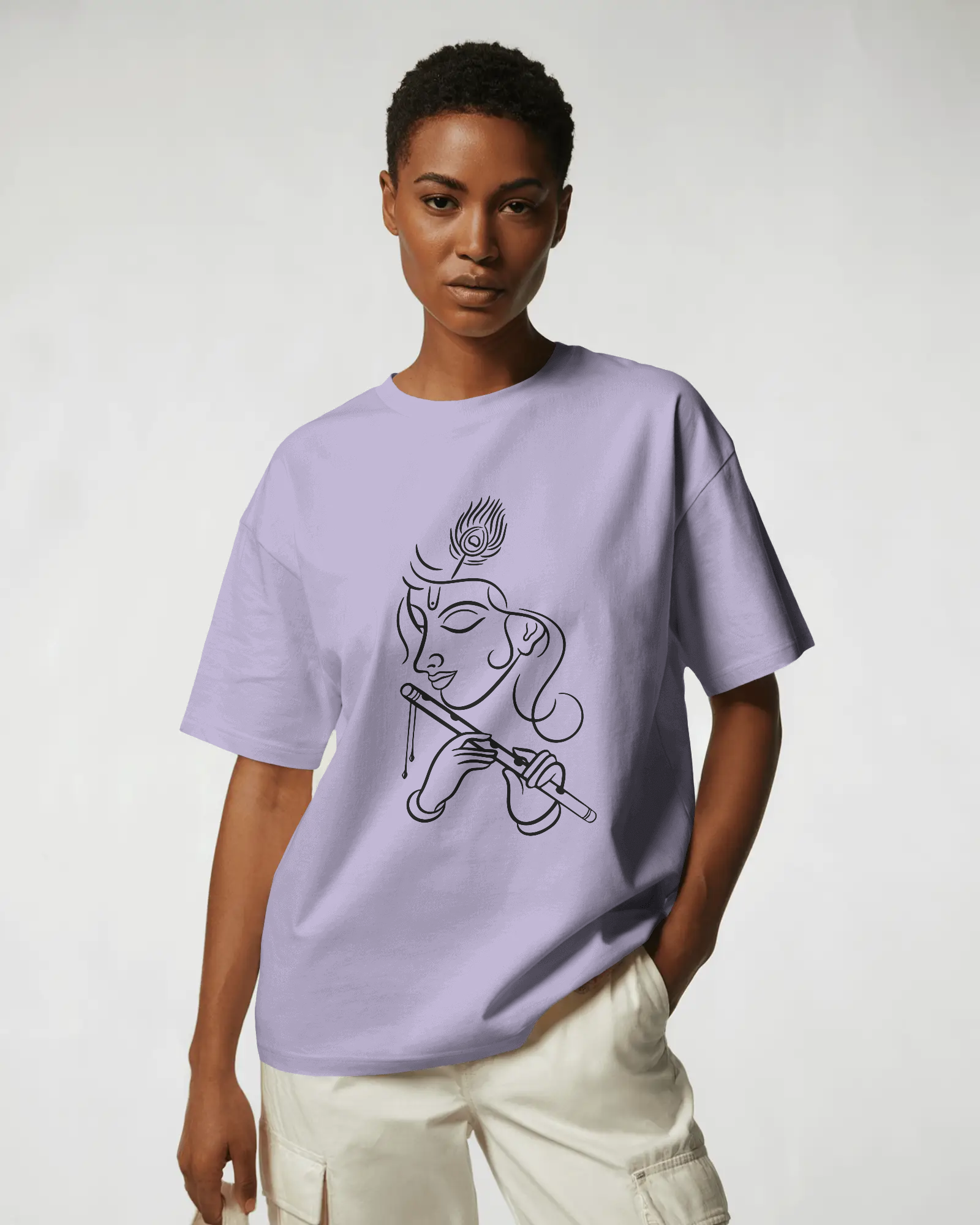 Krishna Line Art Premium Oversized T-Shirt Lavender