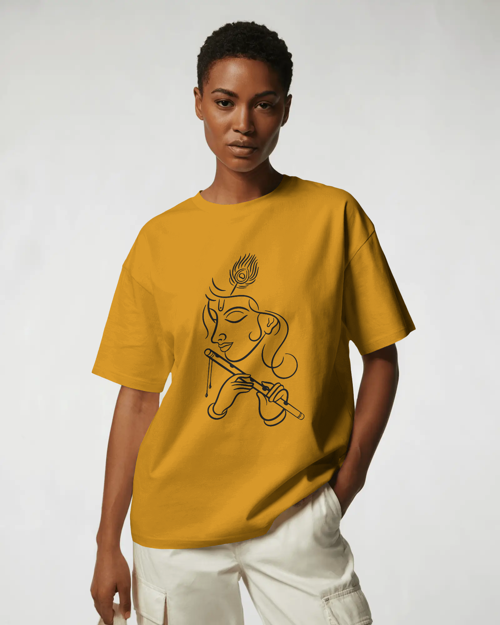 Krishna Line Art Premium Oversized T-Shirt Golden Yellow