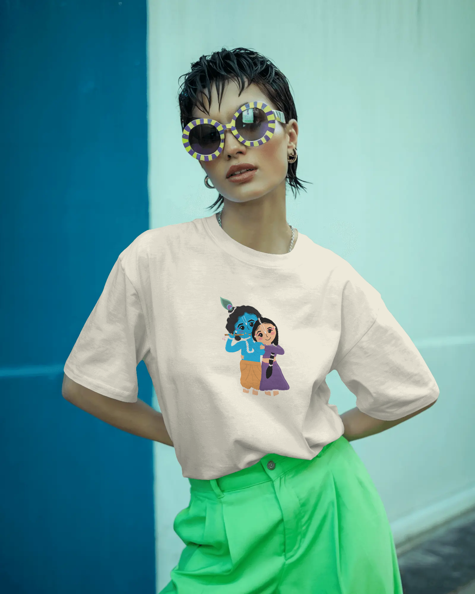 Radha Krishna Premium Unisex Oversized T-Shirt Off-White
