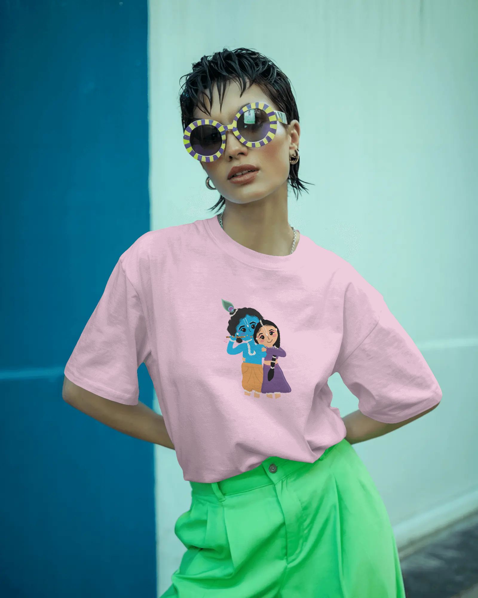 Radha Krishna Premium Unisex Oversized T-Shirt Baby Pink