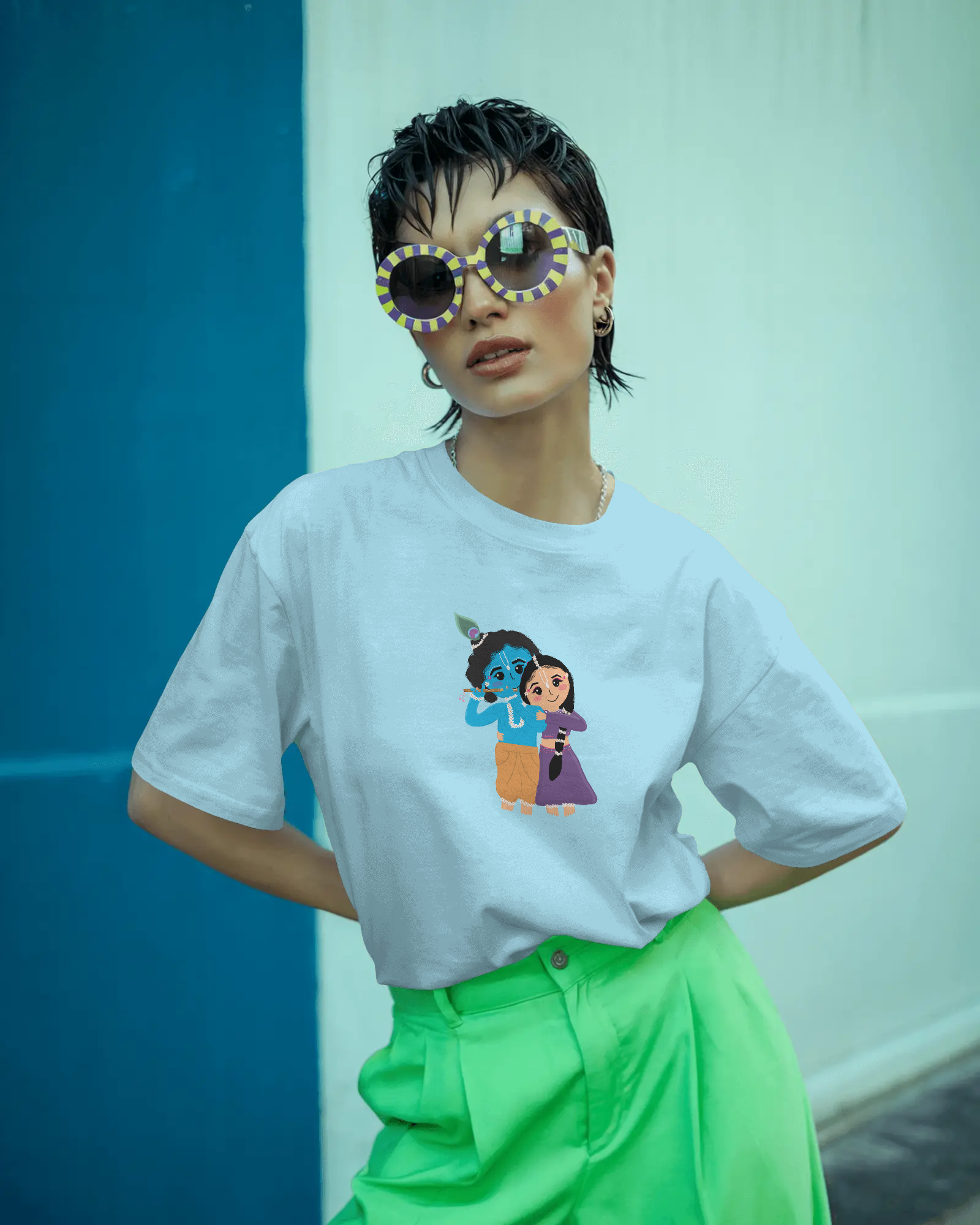 Radha Krishna Premium Unisex Oversized T-Shirt Baby Blue