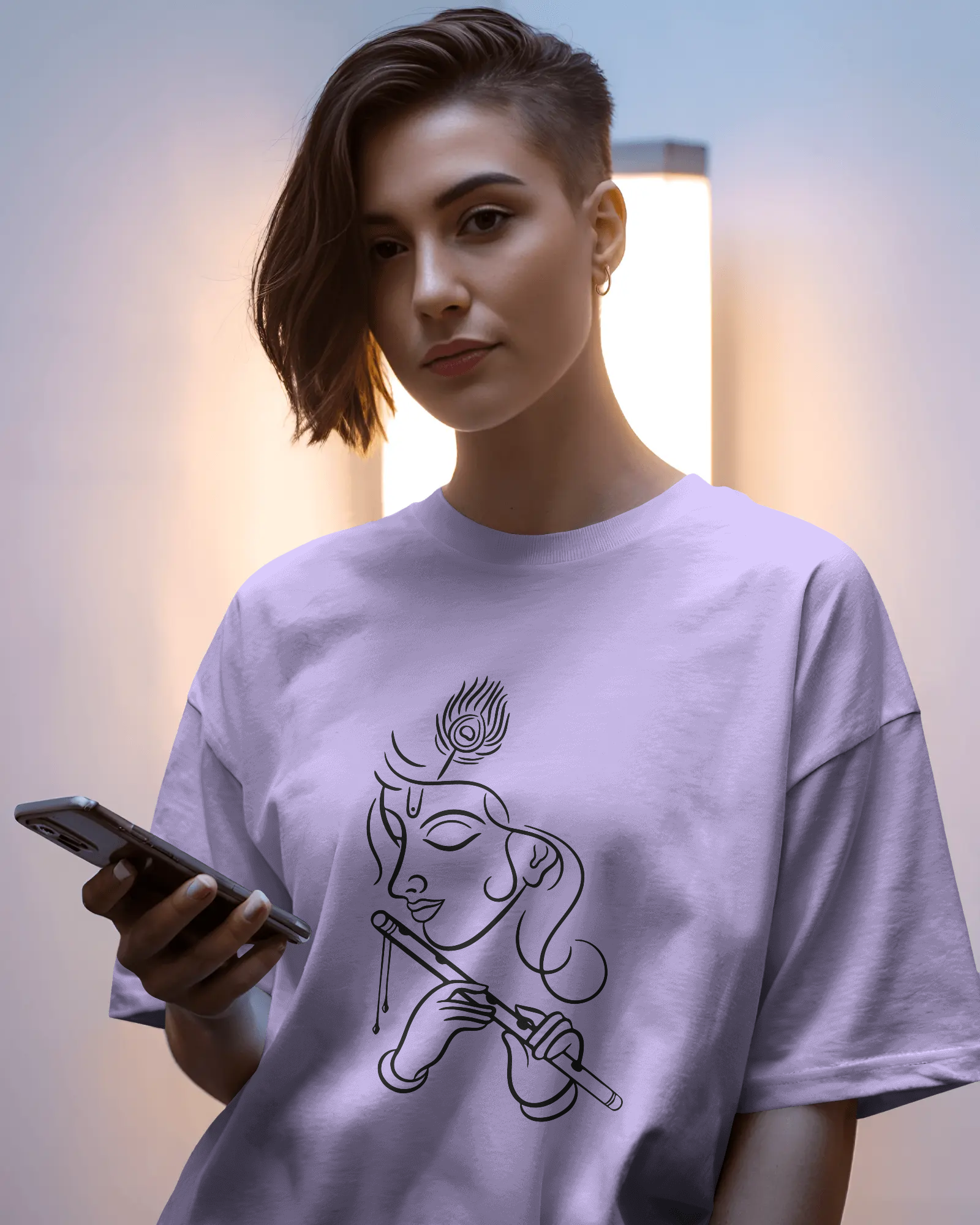 Krishna Line Art Premium Oversized T-Shirt Lavender