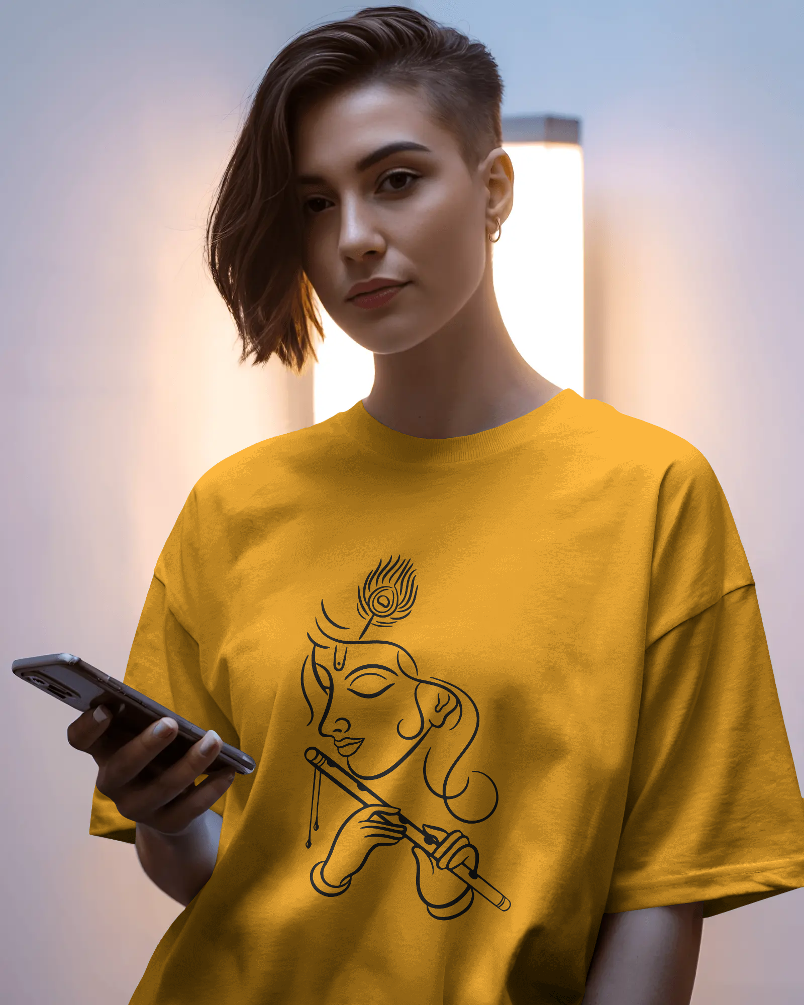 Krishna Line Art Premium Oversized T-Shirt Golden Yellow