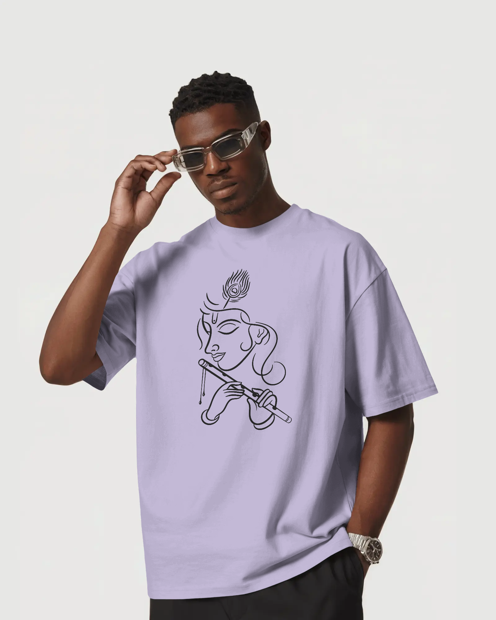 Krishna Line Art Premium Oversized T-Shirt Lavender