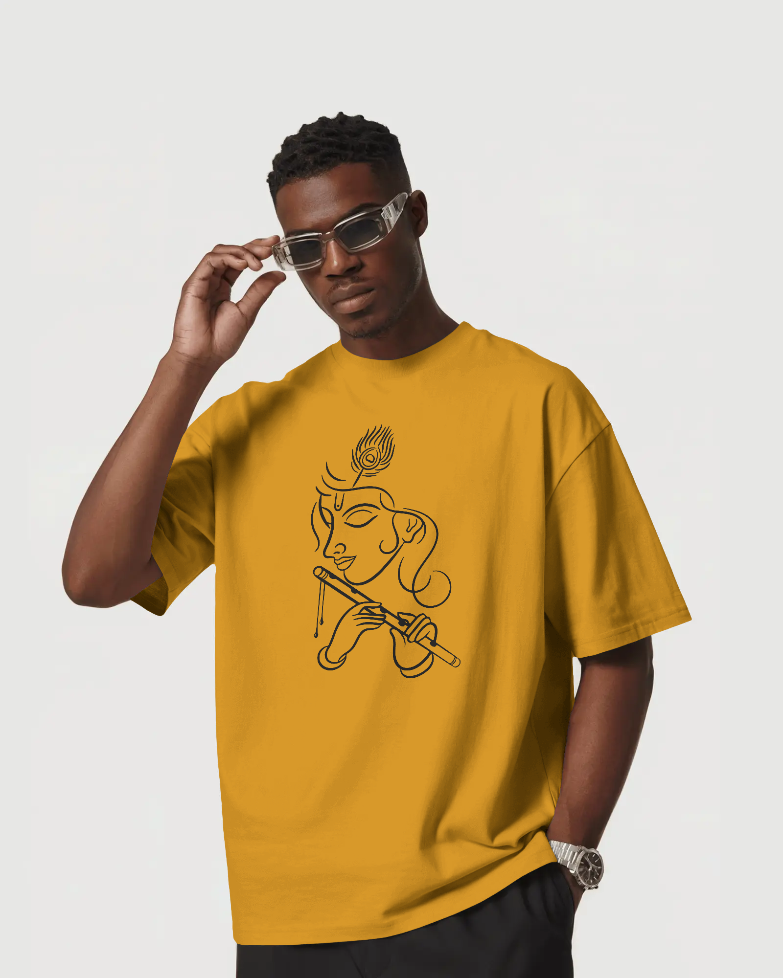 Krishna Line Art Premium Oversized T-Shirt Golden Yellow