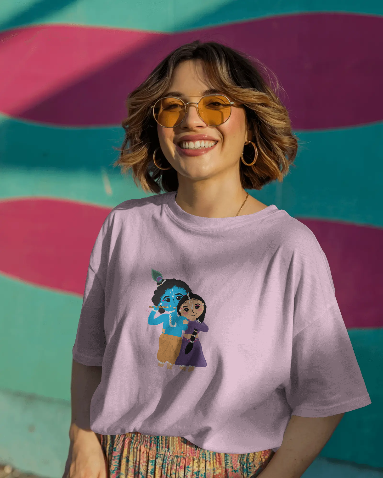 Radha Krishna Premium Unisex Oversized T-Shirt Baby Pink
